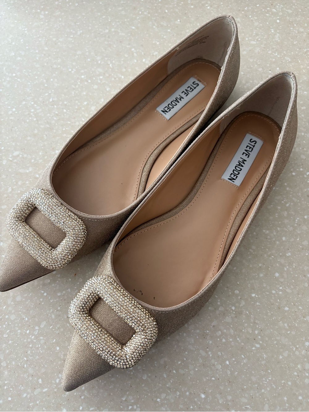Steve Madden Champagne Pointed-Toe Flats with Beaded Buckle